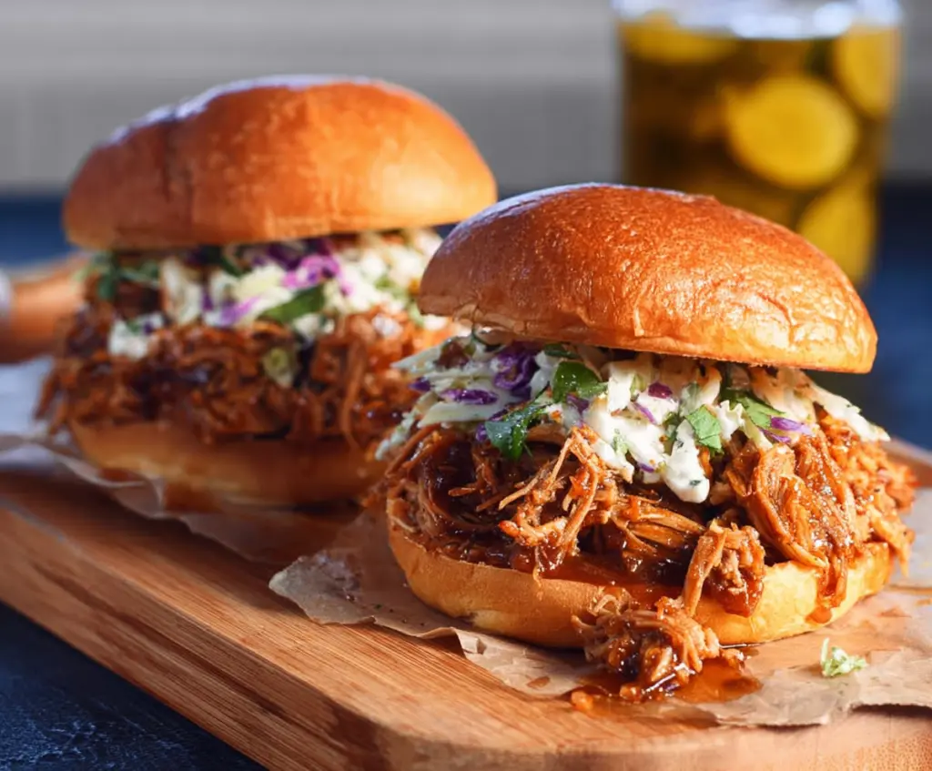 Delicious pulled pork sandwiches served with fresh buns and tangy barbecue sauce.