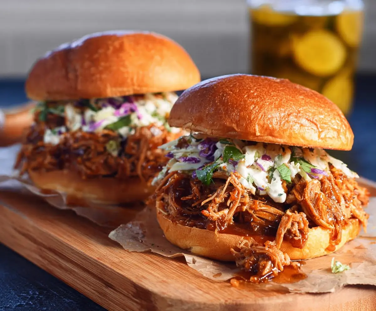 Delicious pulled pork sandwiches served with fresh buns and tangy barbecue sauce.