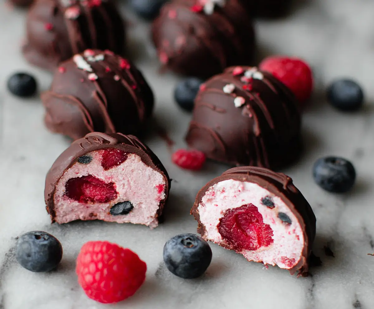 Delicious Raspberry Dark Chocolate Yogurt Bites on a plate, garnished with fresh raspberries and mint leaves.