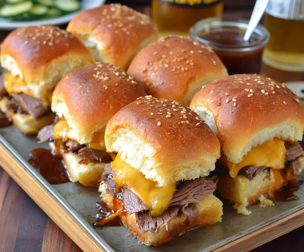 Delicious roast beef and cheddar sliders served on a platter, perfect for appetizers and parties.
