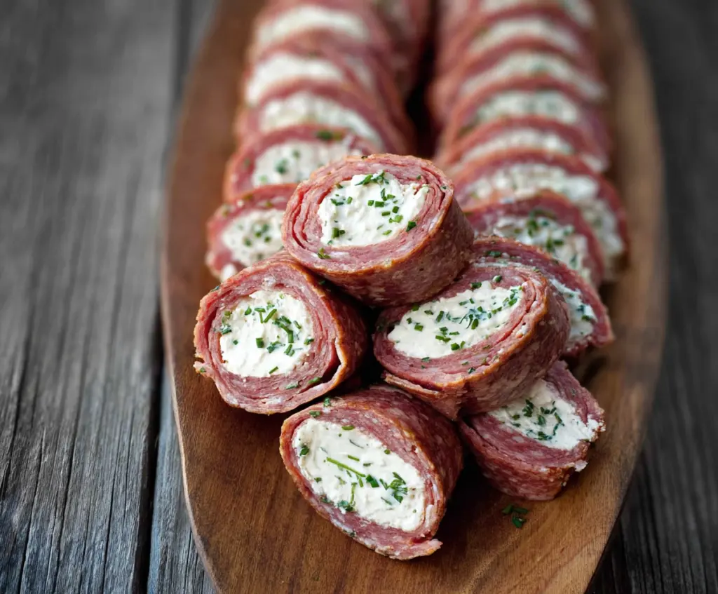 Salami and cream cheese roll ups on a serving plate, perfect for appetizers and party snacks