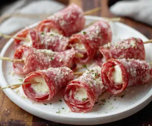 Plate of savory salami roll ups garnished with herbs, perfect for an appetizer or snack.