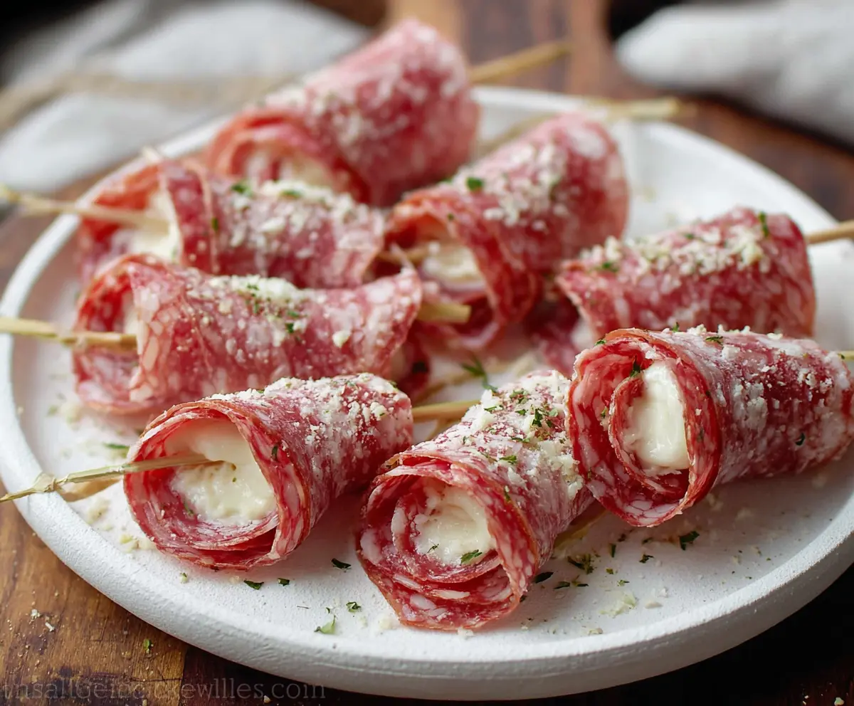 Plate of savory salami roll ups garnished with herbs, perfect for an appetizer or snack.