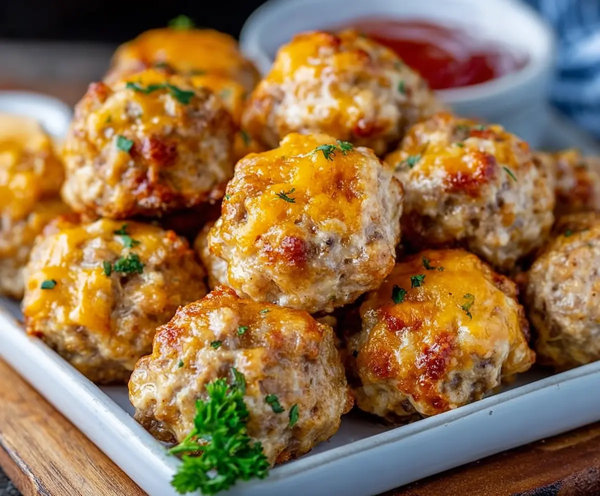 Delicious homemade sausage balls on a plate, perfect for breakfast or snacks.