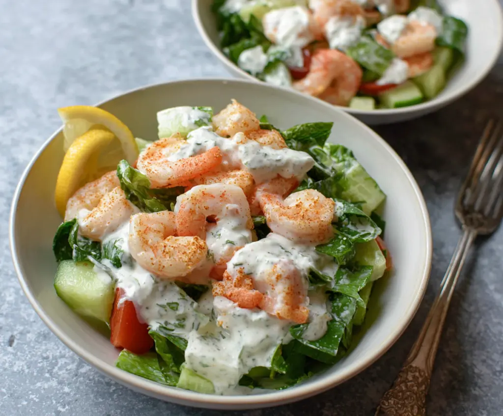 Delicious shrimp salad with fresh vegetables and creamy yogurt dressing on a white plate.