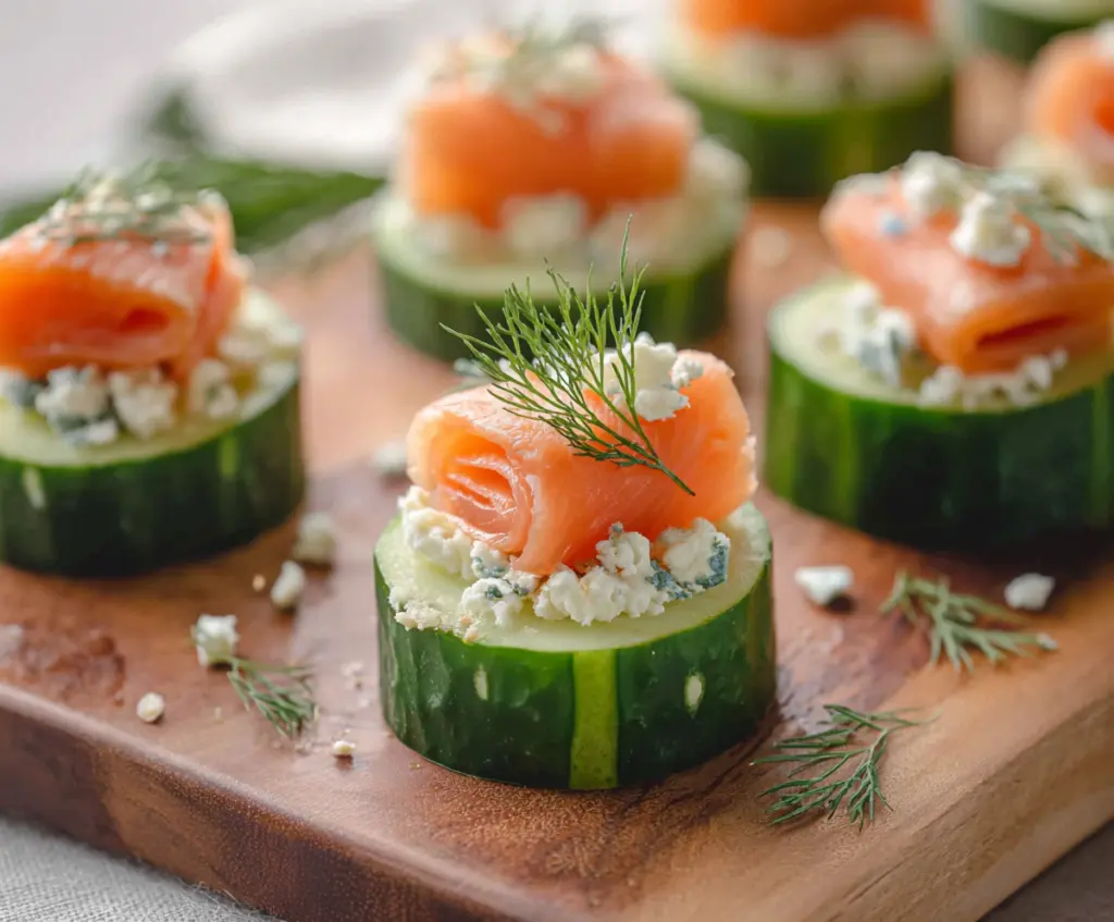 Delicious smoked salmon cucumber bites topped with fresh herbs, perfect appetizer for entertaining.