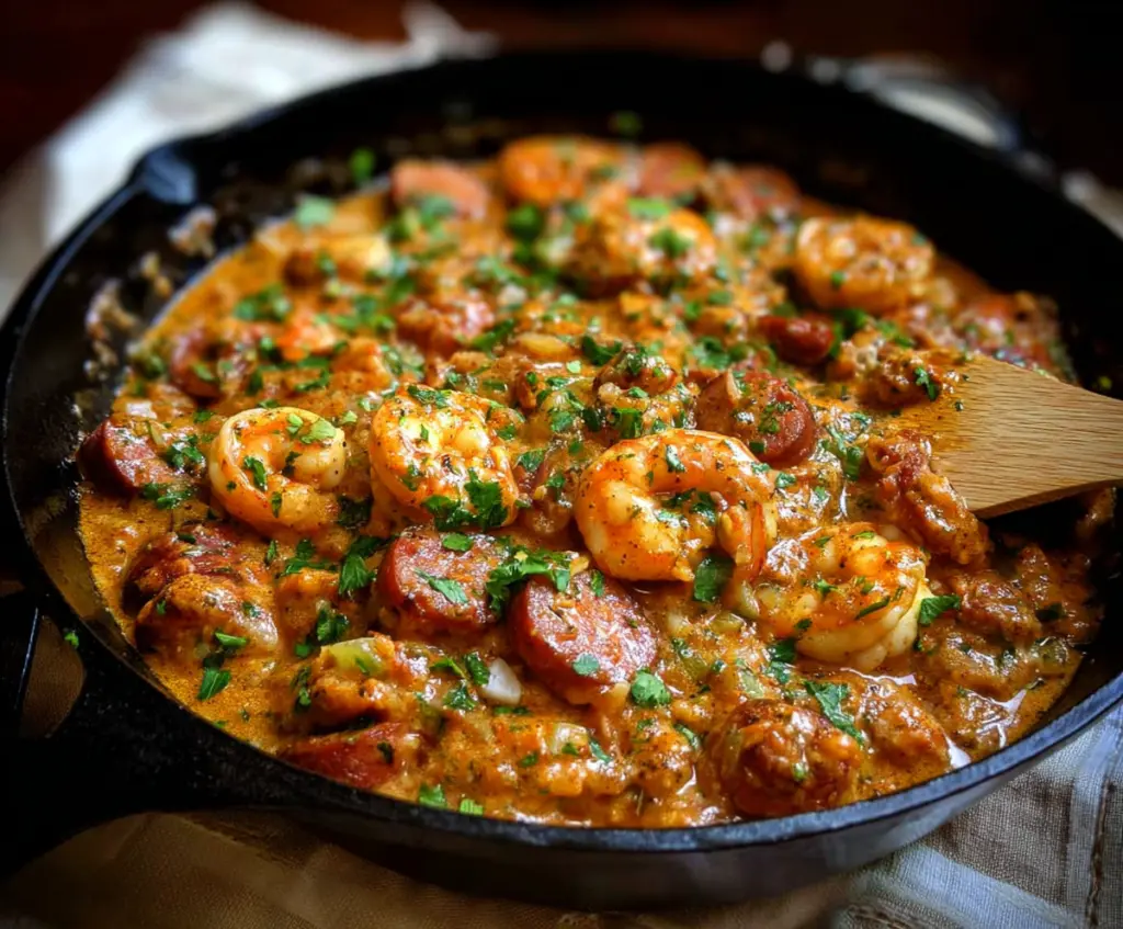 Delicious smothered shrimp and sausage served on a plate with vibrant vegetables.
