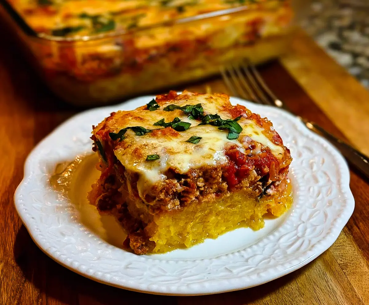 Delicious spaghetti squash lasagna with layers of melted cheese and fresh herbs.