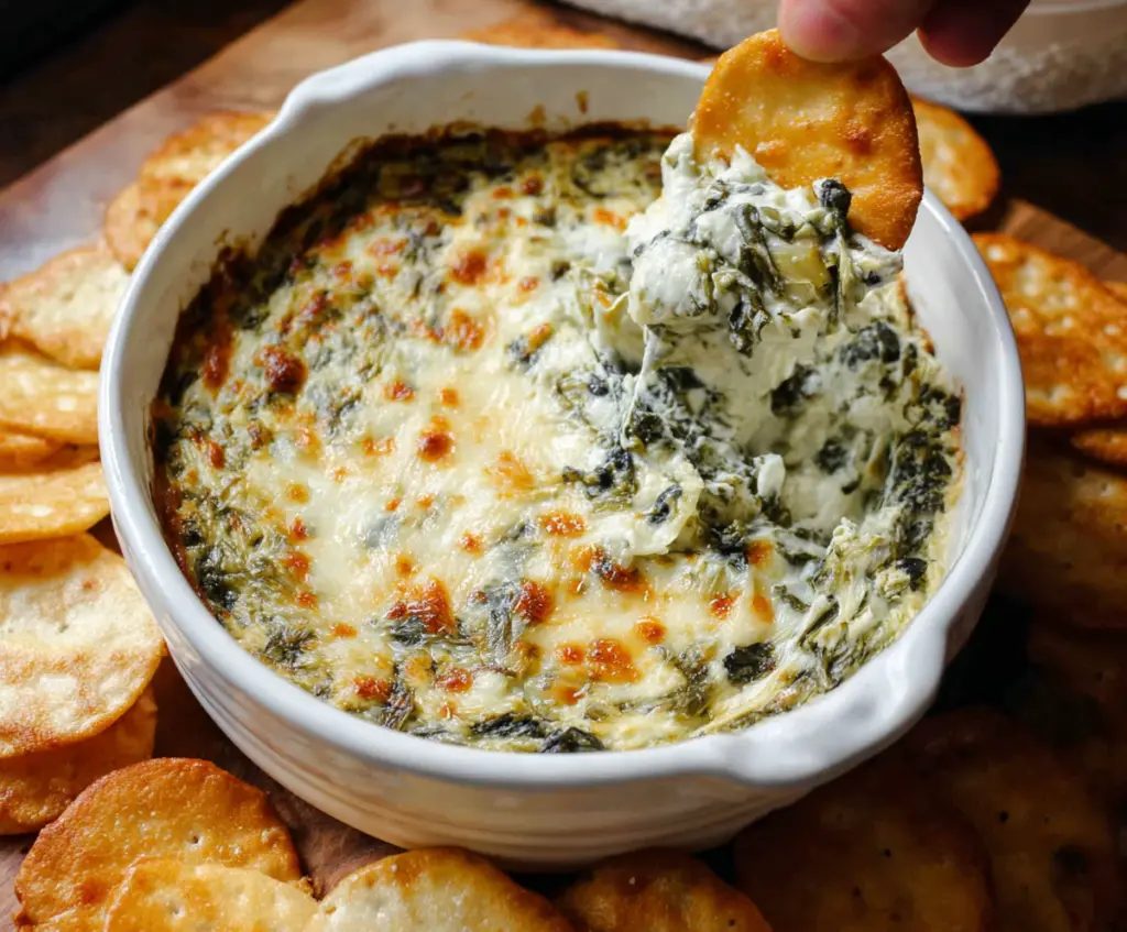 Creamy spinach and artichoke dip served with fresh tortilla chips, perfect for parties.