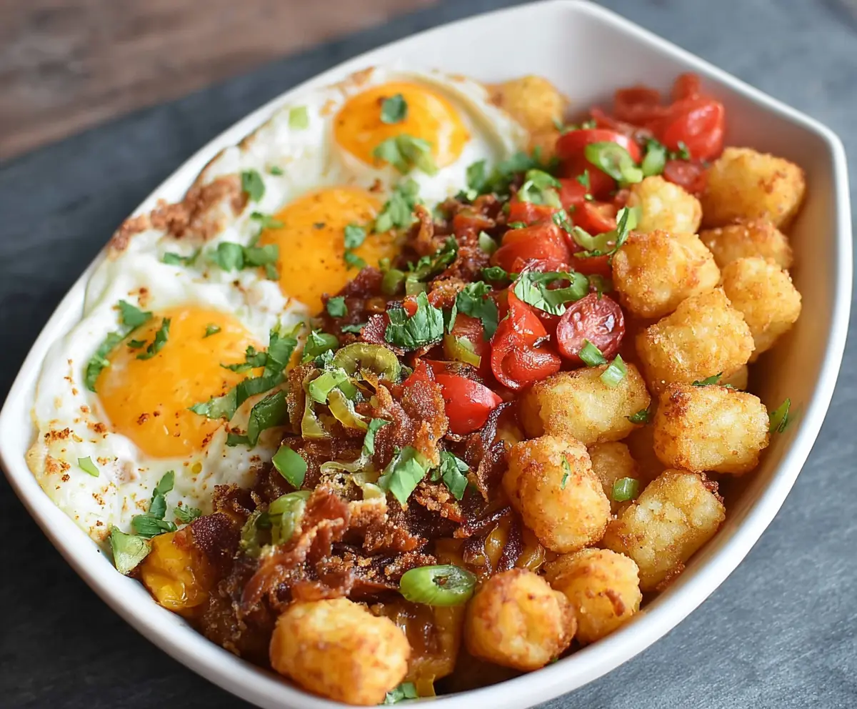 Delicious Tater Tot Breakfast Bowl with eggs, cheese, and fresh vegetables on a plate