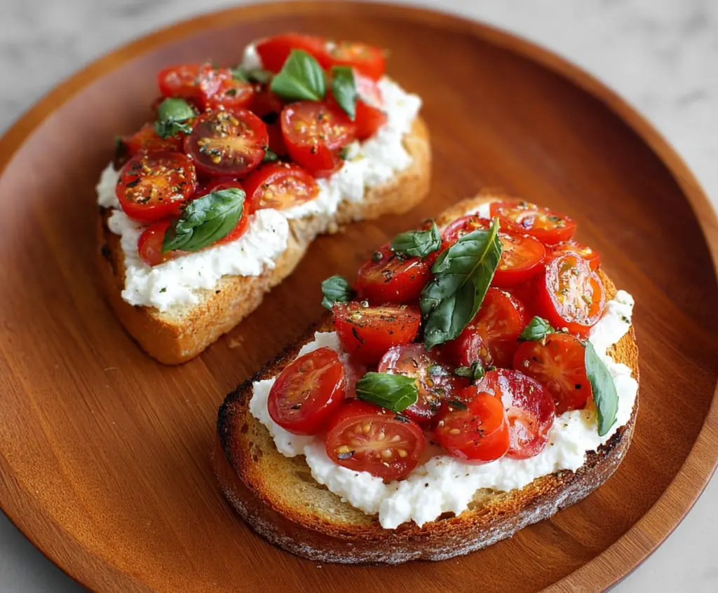 Delicious tomato and cottage cheese toast served on a rustic plate, perfect for a healthy snack or breakfast.
