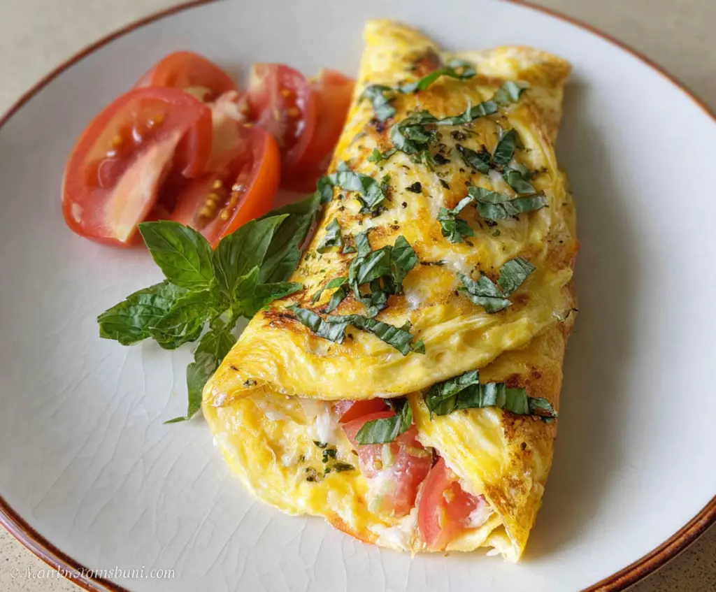 Delicious Tomato Basil Omelet with fresh tomatoes and aromatic basil on a breakfast plate