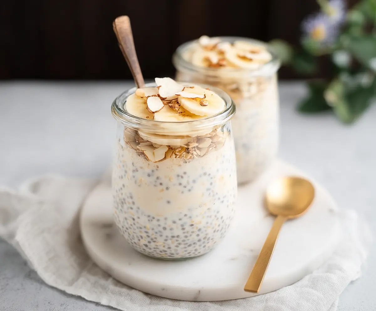 Creamy vanilla overnight oats in a jar with fresh fruit topping for a healthy breakfast