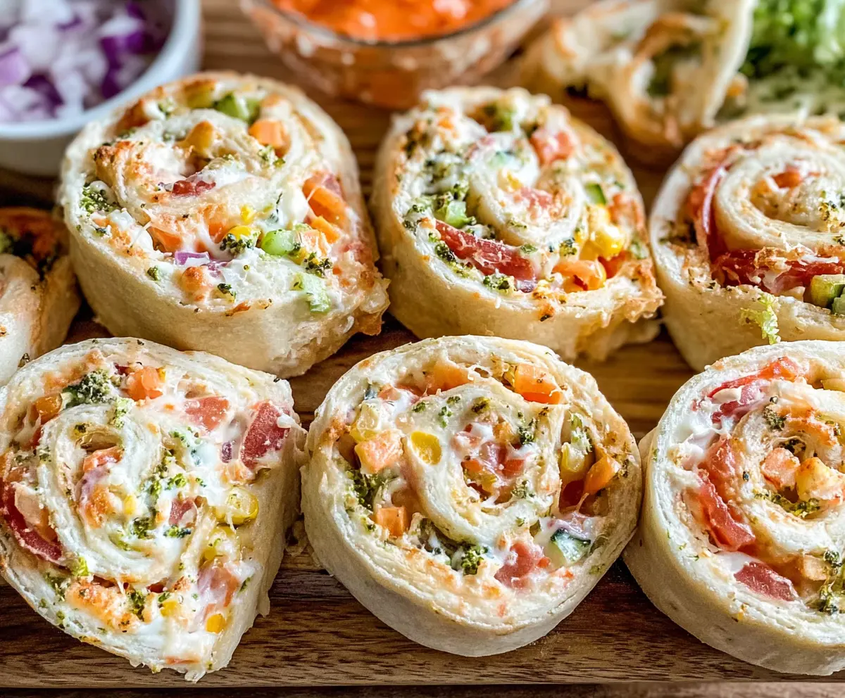 Colorful veggie pizza pinwheels with fresh vegetables and melted cheese on a baking sheet.
