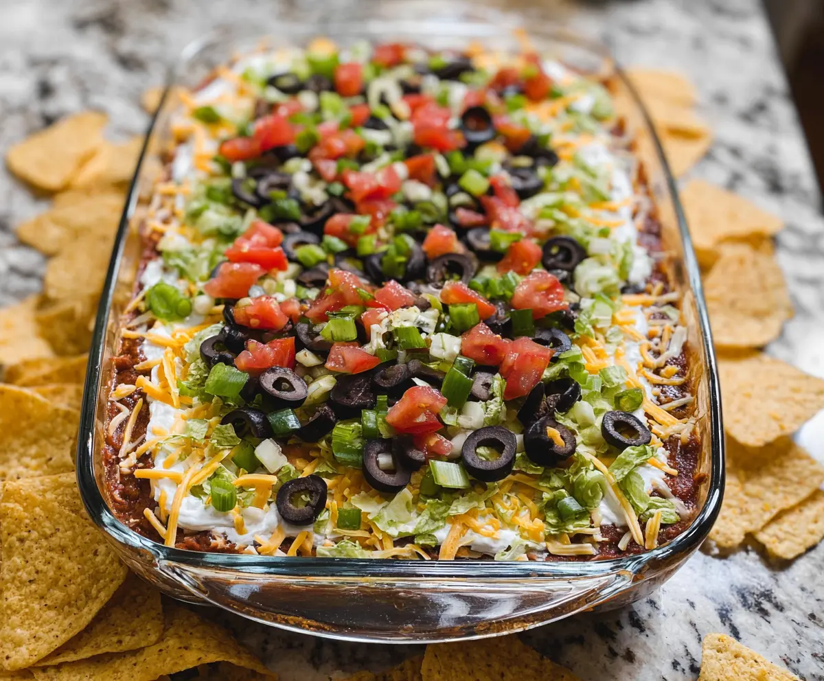 Colorful 7 Layer Bean Dip with guacamole, sour cream, cheese, and salsa in a clear glass dish