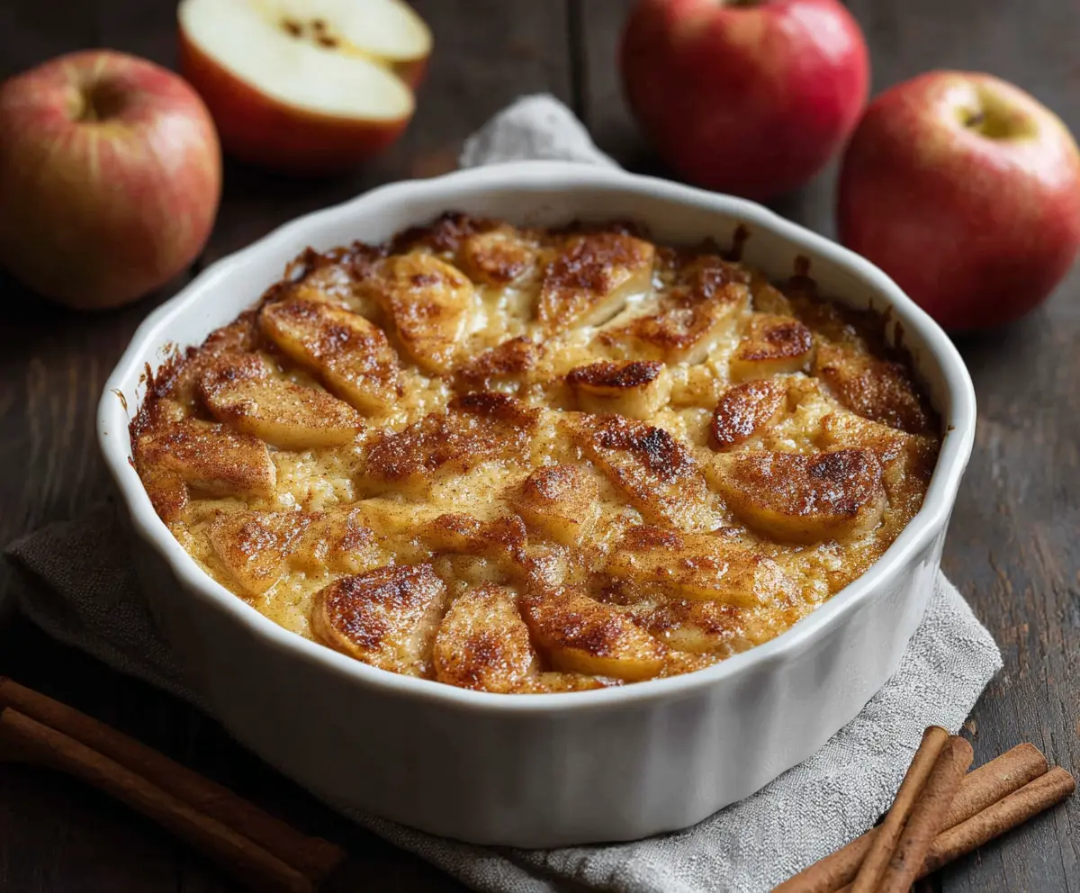 Delicious Apple Cinnamon Cottage Cheese Bake served warm, showcasing a golden crust with apple slices and cinnamon on top.