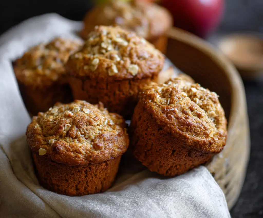 Delicious apple cinnamon sourdough muffins fresh out of the oven, featuring a golden-brown crust and specks of cinnamon.