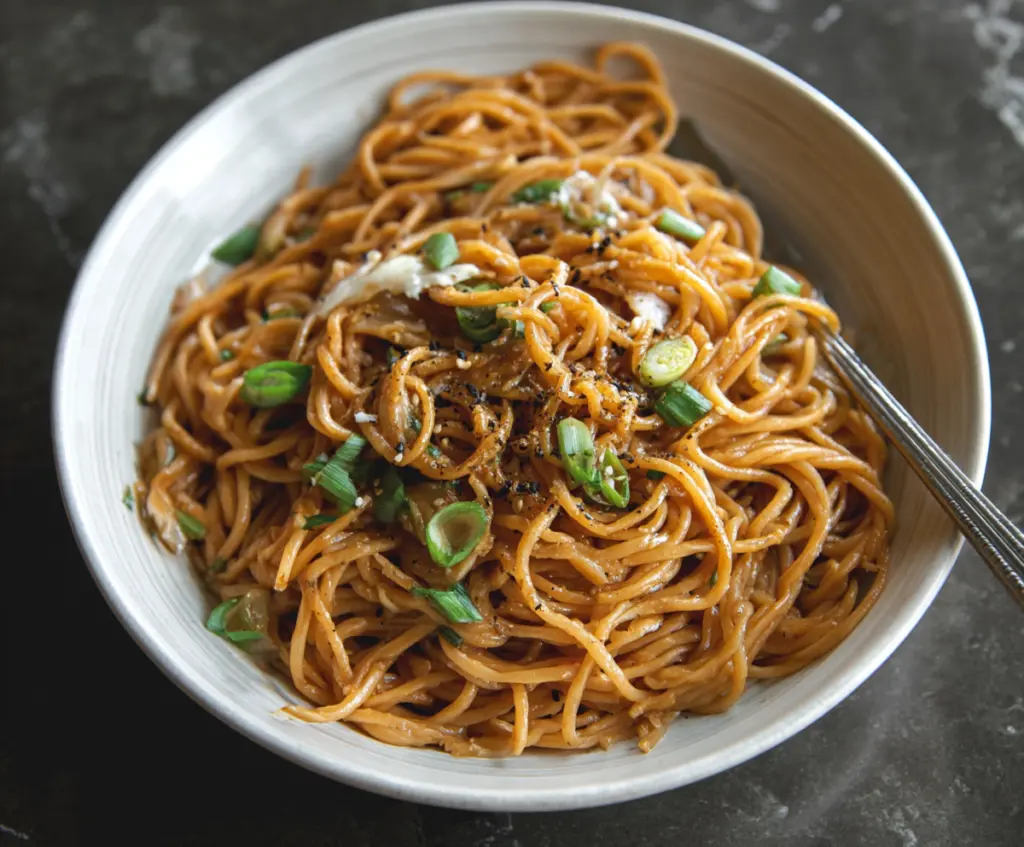 Delicious Asian garlic noodles garnished with fresh herbs on a white plate.