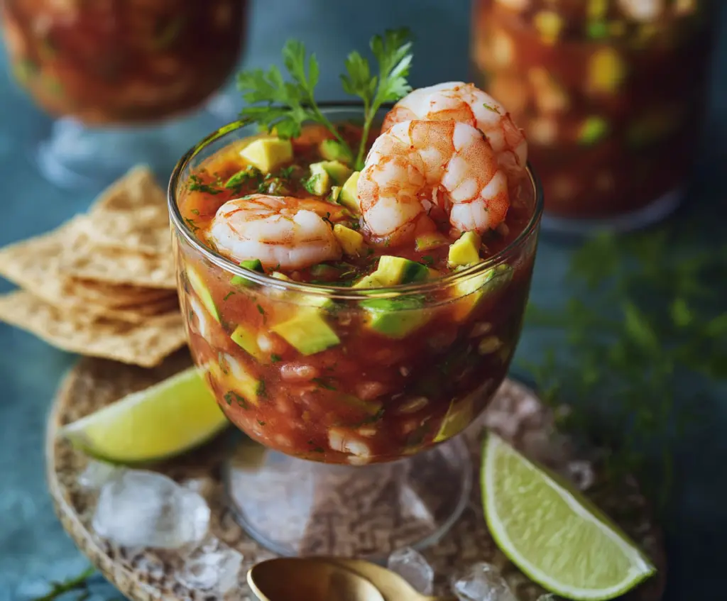 Delicious authentic Mexican shrimp cocktail served in a glass with fresh lime and vegetables