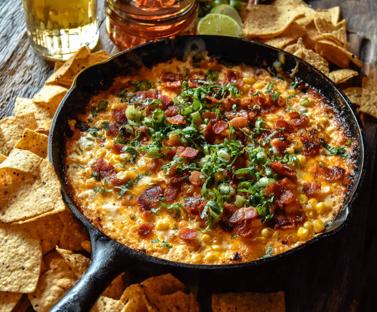 Creamy Bacon Bliss Hot Corn Dip garnished with crispy bacon and fresh herbs, perfect for parties and gatherings.