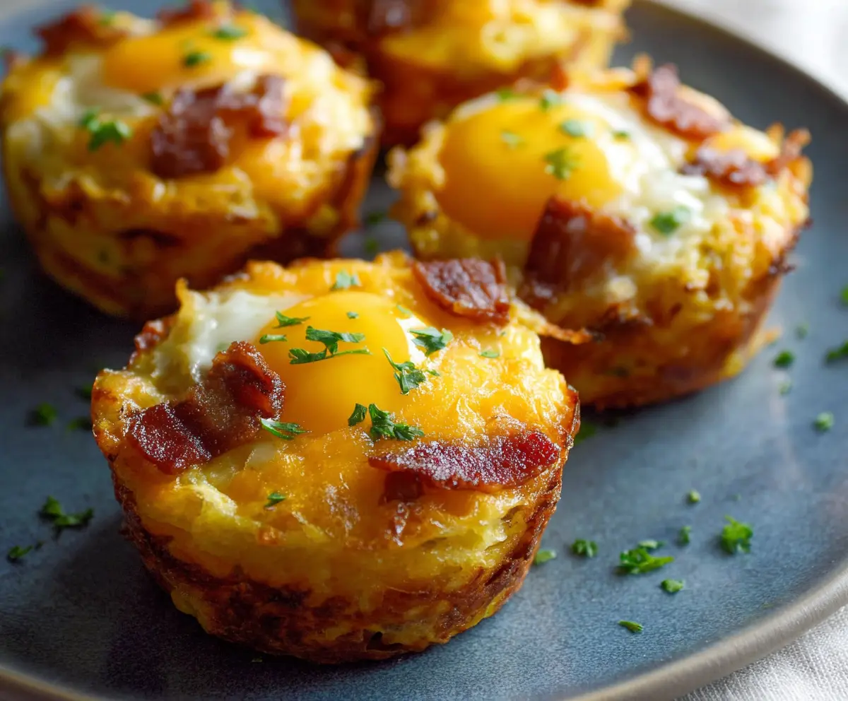 Delicious bacon, egg, and cheese hash brown cups served hot for breakfast.
