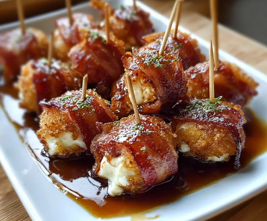 Bacon mozzarella poppers drizzled with sweet maple glaze, perfect for appetizers and parties.
