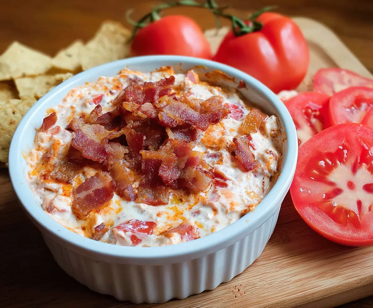Creamy bacon and tomato dip served with fresh crackers, perfect for snacks and parties