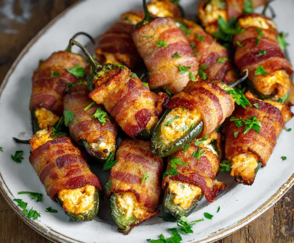 Bacon-wrapped jalapeño poppers with melted cheese filling, perfect appetizer for parties.