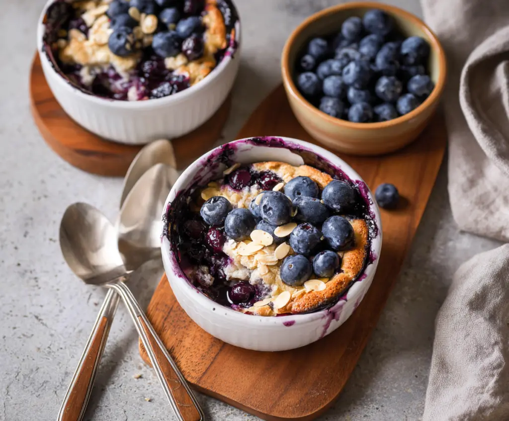 Delicious baked blueberry cottage cheese breakfast bowls served in a bowl with fresh blueberries on top.