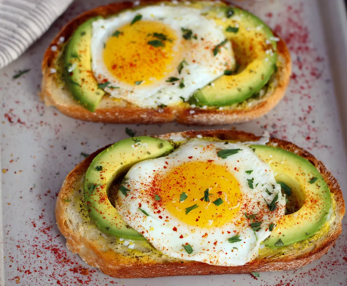 Delicious baked egg topped avocado toast served on a plate for breakfast.
