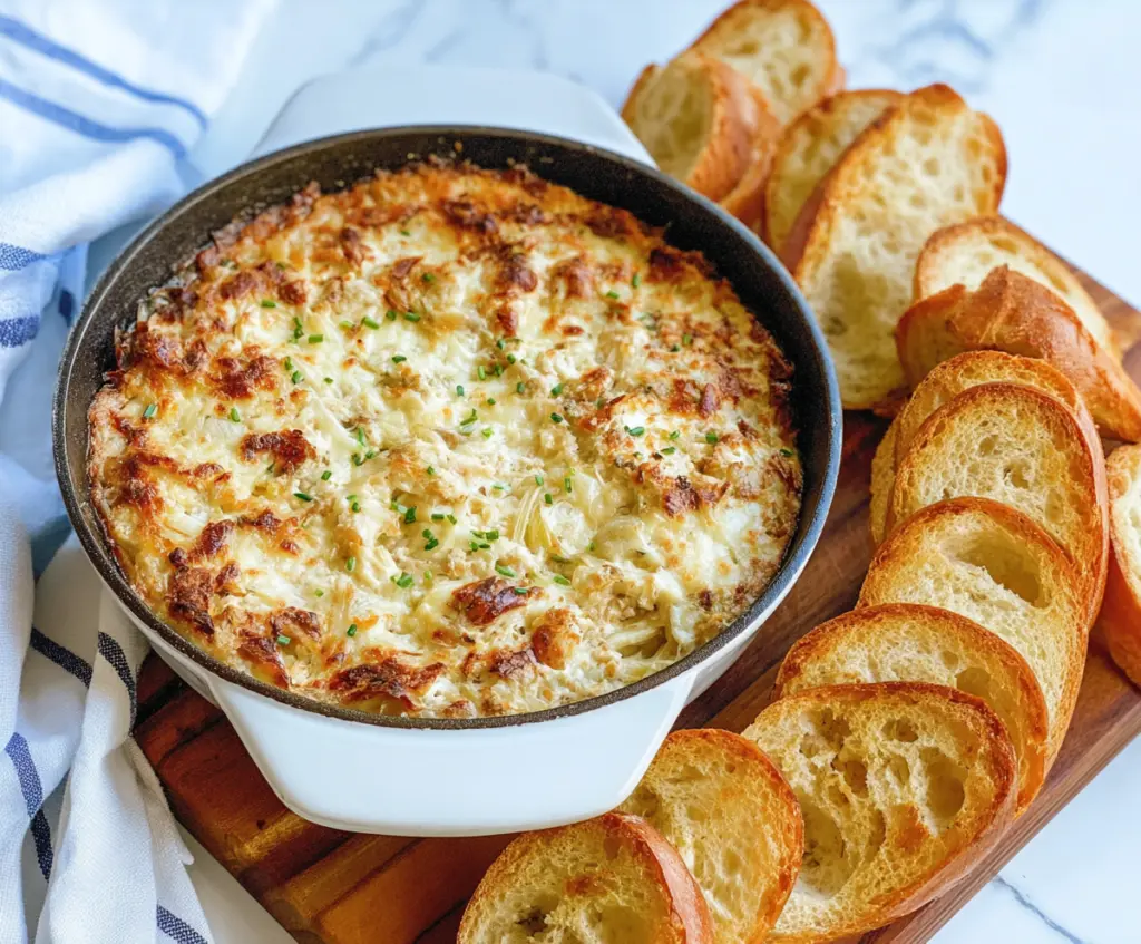 Baked French Onion Dip in a serving dish with caramelized onions and melted cheese topping.