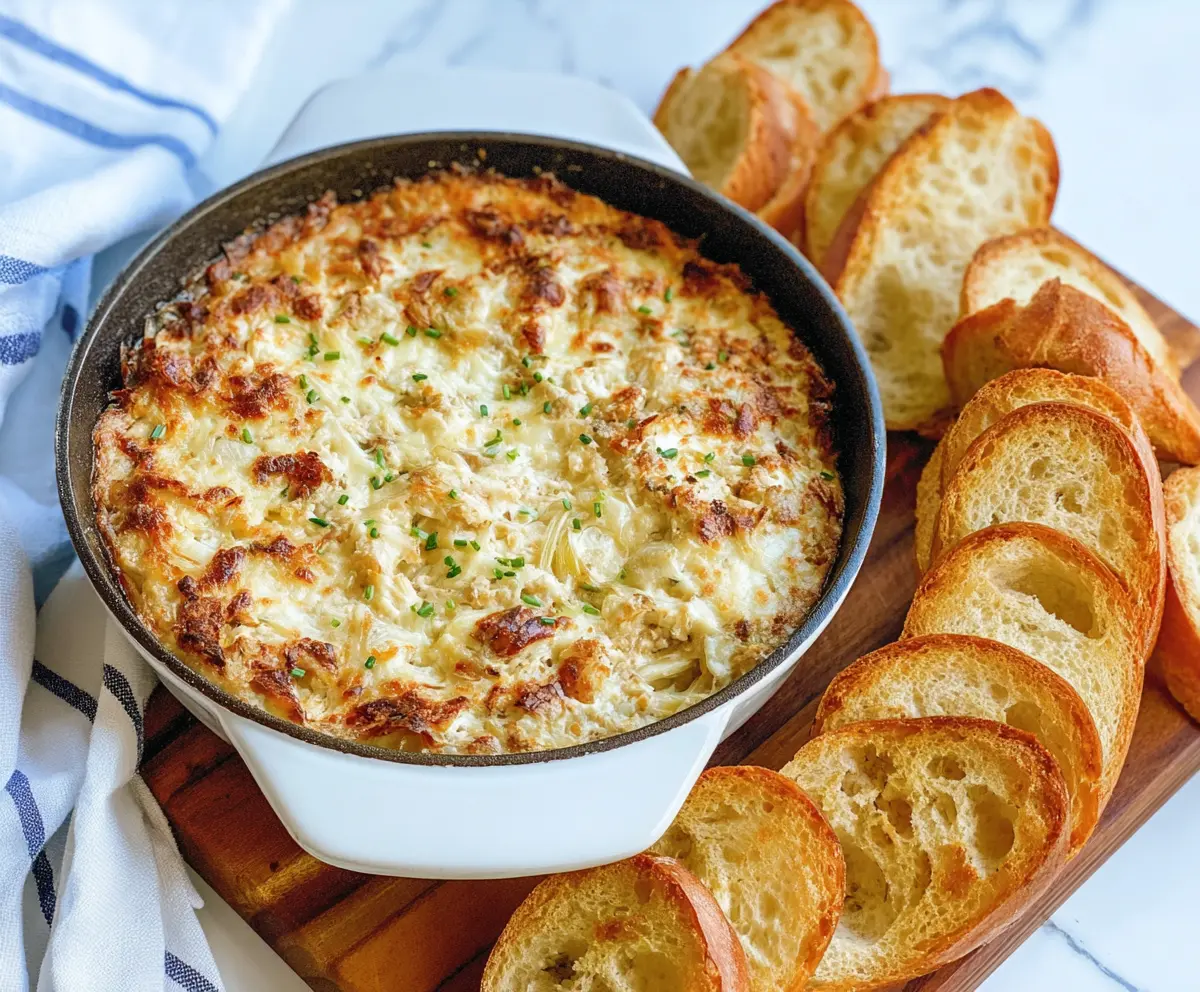 Baked French Onion Dip in a serving dish with caramelized onions and melted cheese topping.