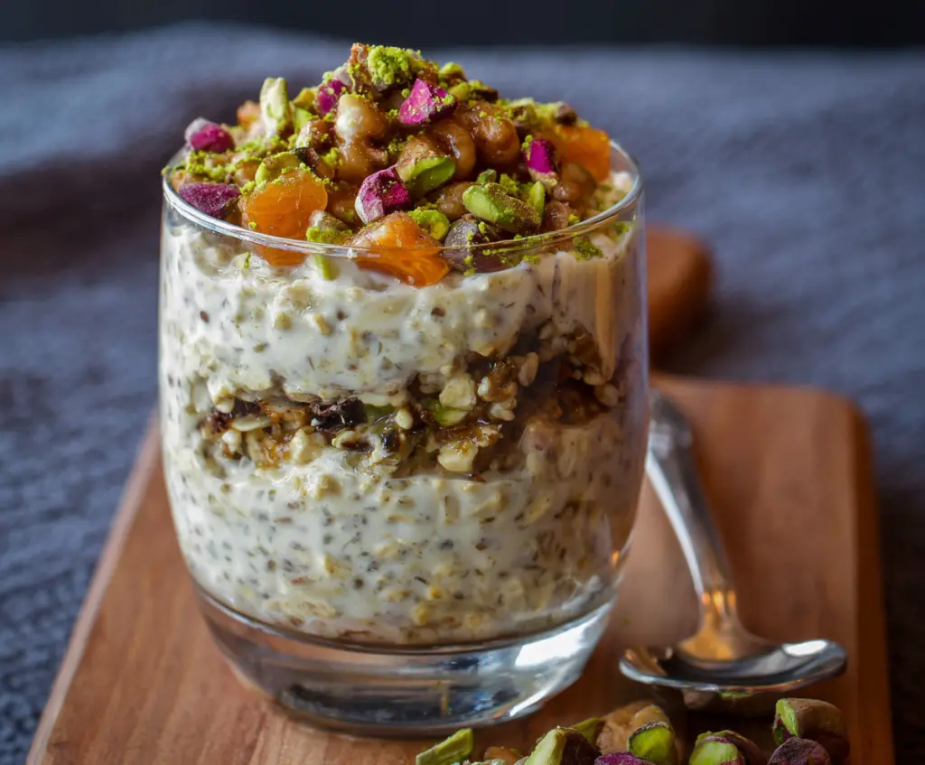 Delicious Baklava Overnight Oats with layers of honey, nuts, and Greek spices for a sweet breakfast treat.