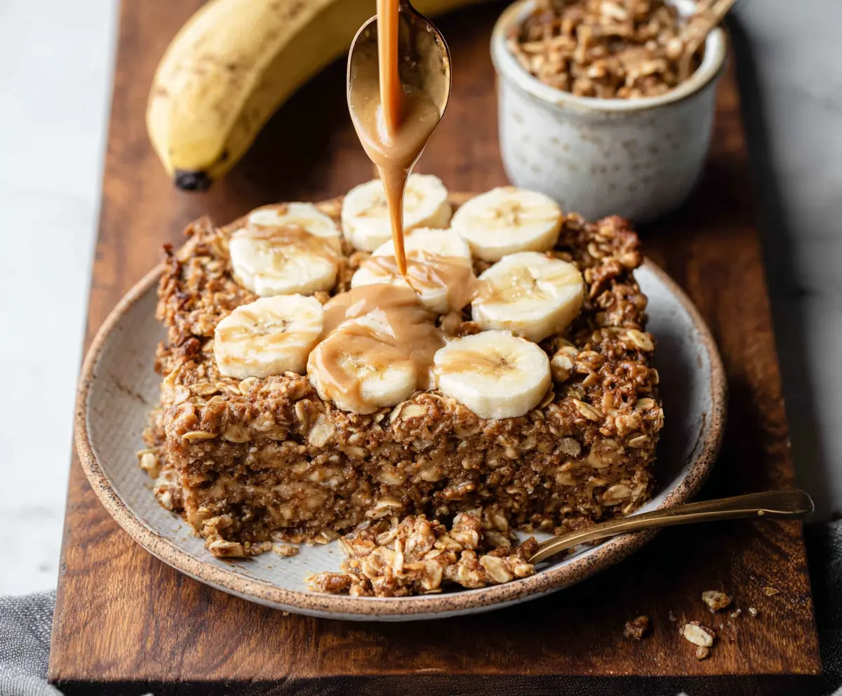 Delicious banana bread baked oatmeal in a baking dish with ripe bananas and cinnamon.