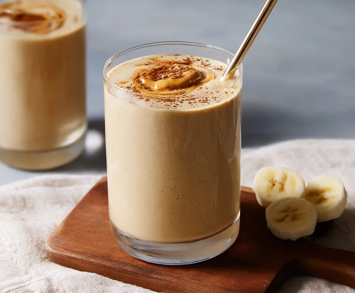 Creamy banana peanut butter smoothie in a transparent glass with a straw, garnished with banana slices and a sprinkle of oats.