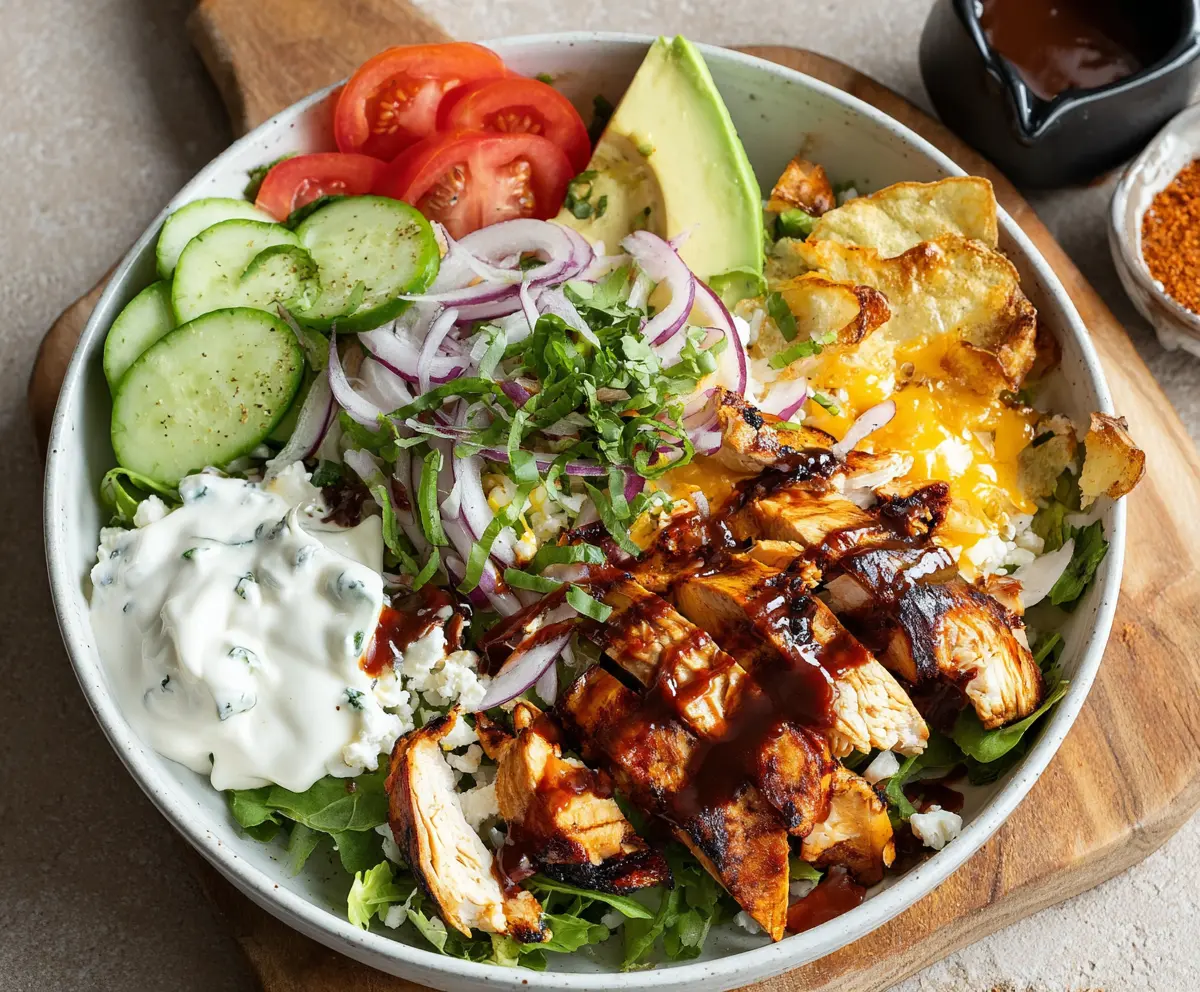 Delicious BBQ Chicken Cottage Cheese Bowl served in a bowl with fresh vegetables and herbs.