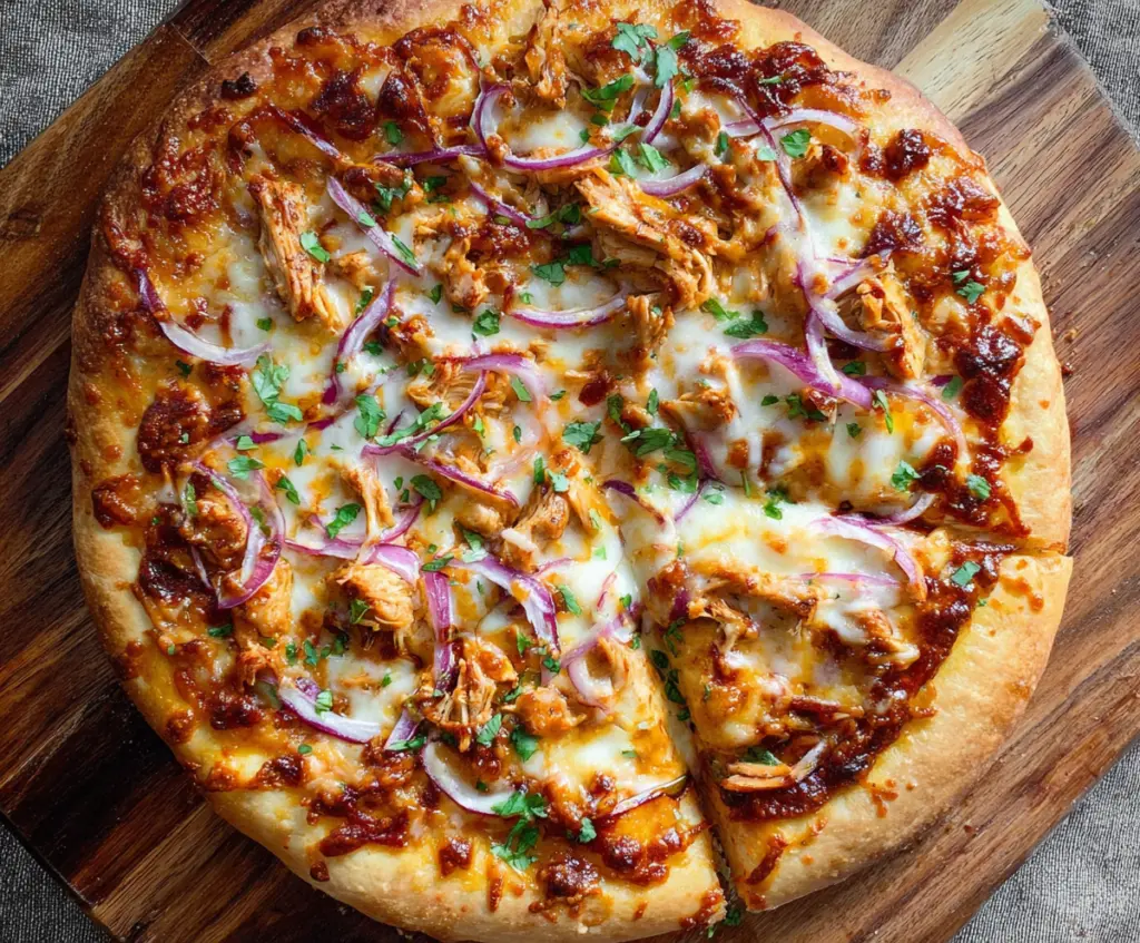 Delicious BBQ Chicken Pizza topped with melted cheese, BBQ sauce, and fresh herbs.