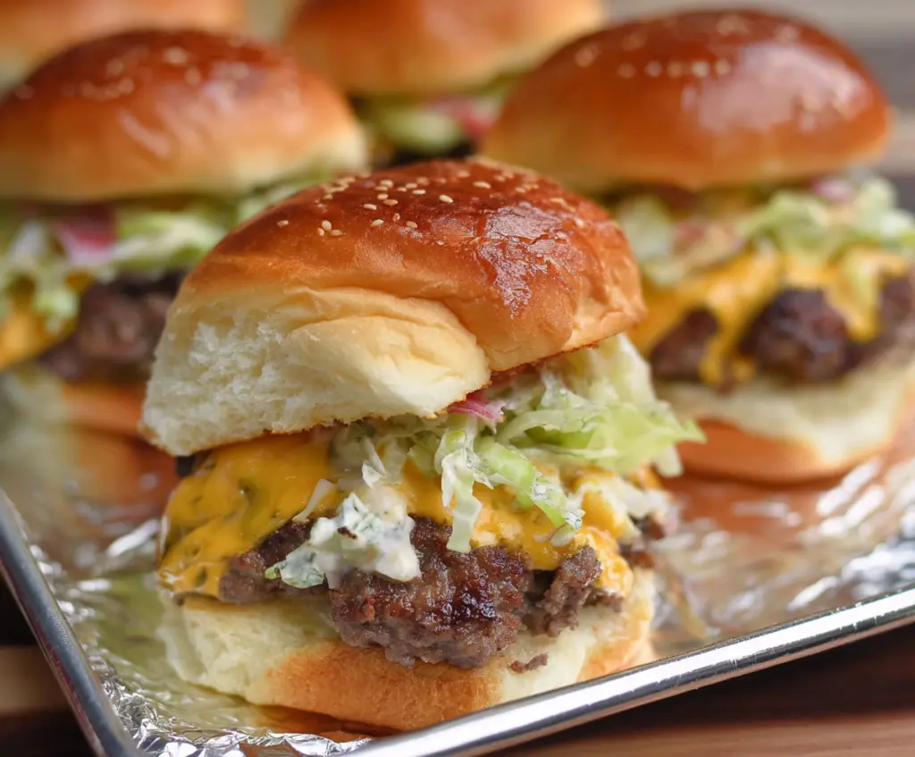 Close-up of beefy Big Mac sliders with melted cheese and fresh toppings on a platter.
