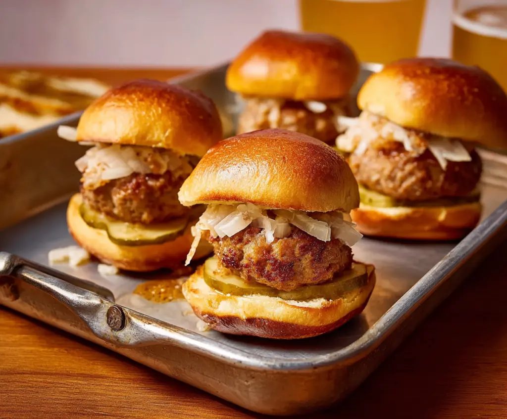 Delicious Beer Brat Sliders topped with melted cheese and fresh toppings on a serving platter.