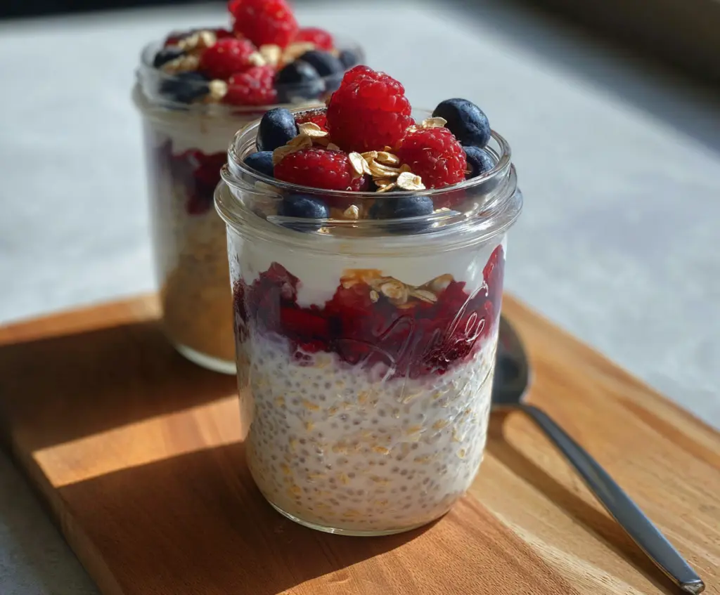 Delicious berries and cream overnight oats in a glass jar, perfect for a healthy breakfast.