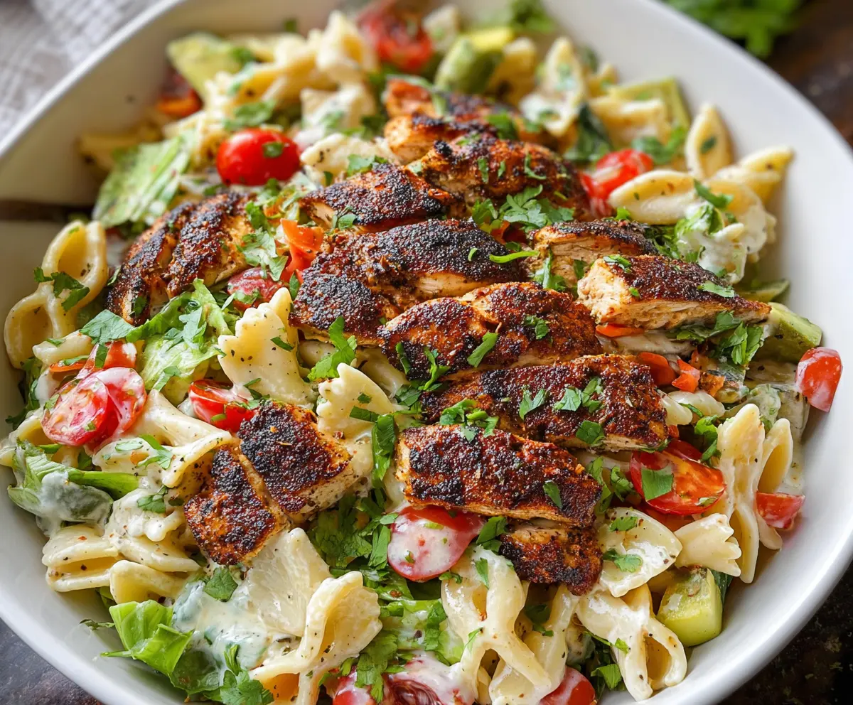 Delicious blackened chicken pasta salad with fresh vegetables and herbs