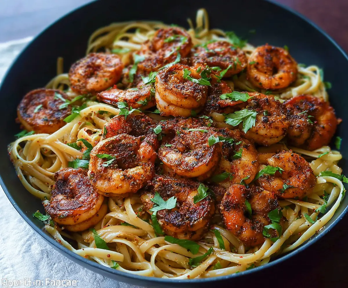 Delicious blackened shrimp pasta garnished with fresh herbs on a white plate.