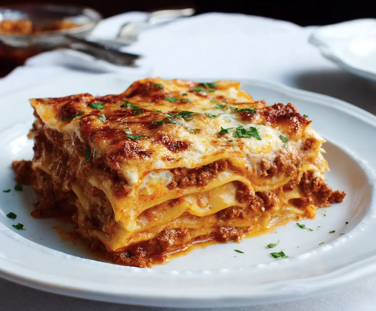 Delicious homemade Bolognese lasagna layered with rich meat sauce and melted cheese.