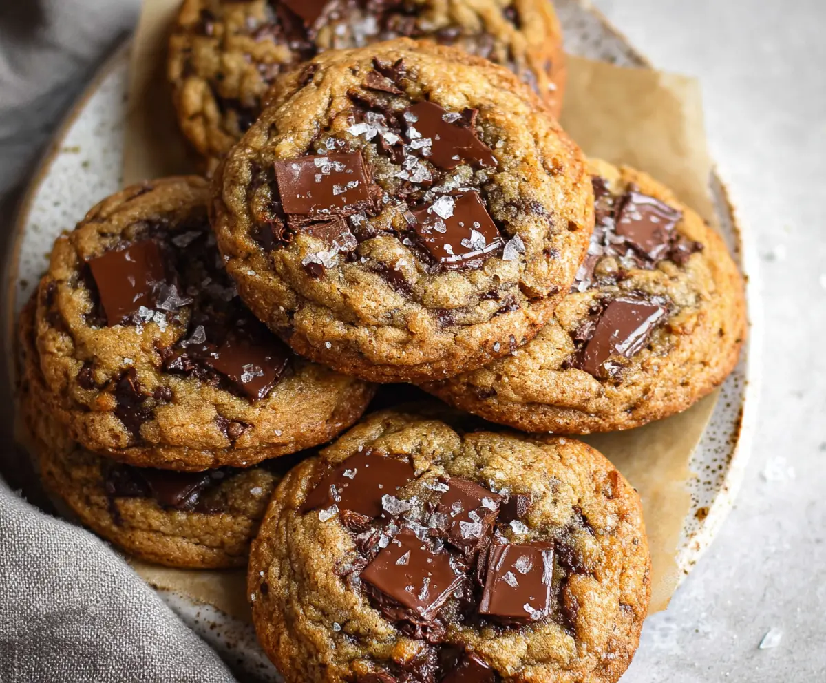 Delicious homemade brown butter sourdough discard chocolate chip cookies on a baking tray.