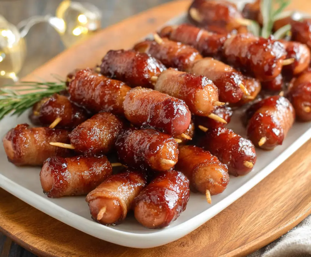 Delicious brown sugar bacon-wrapped little smokies on a serving platter