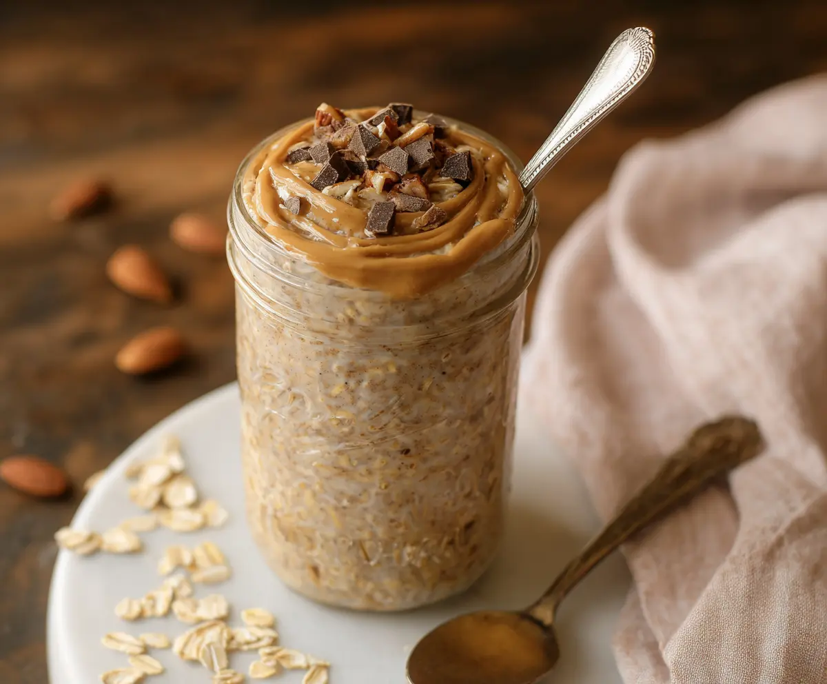 Creamy overnight oats with brown sugar and espresso drizzle for a flavorful breakfast