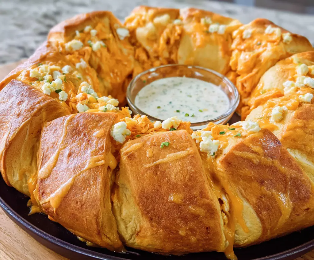 Delicious Buffalo Chicken Crescent Roll Ring with spicy chicken filling and golden flaky crust