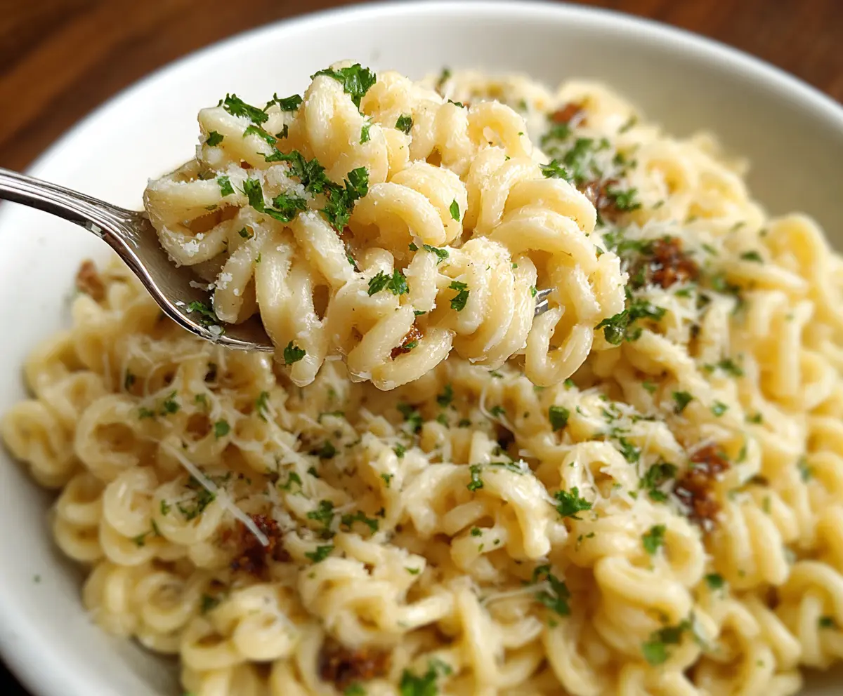 Creamy butter Parmesan pasta served in a white bowl, garnished with fresh herbs.