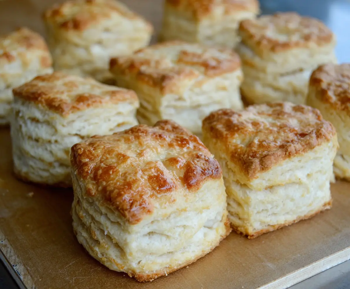 Close-up of golden brown buttermilk sourdough freezer biscuits on a rustic wooden surface, showcasing flaky layers.