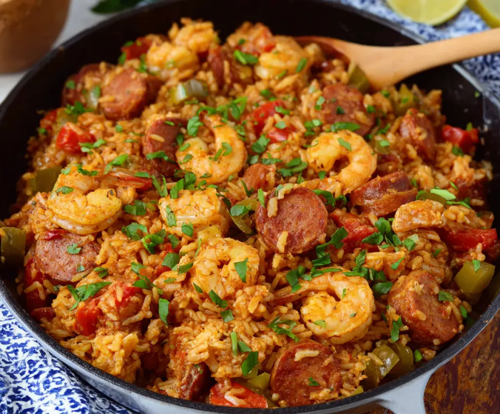 Delicious Cajun Jambalaya with tender chicken, shrimp, and flavorful sausage in a spicy sauce.